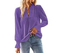 TUUHAW Camicia Lunga Donna Boho Top Elegante con Scollo a V Pizzo Casual Tshirt Punto Svizzero Maniche a Balze Inverno Abbigliamento Colore Puro Bluse Camicetta Allentate Basic Top Viola L