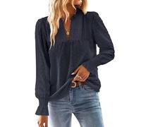 TUUHAW Camicia Lunga Donna Boho Top Elegante con Scollo a V Pizzo Casual Tshirt Punto Svizzero Maniche a Balze Inverno Abbigliamento Colore Puro Bluse Camicetta Allentate Basic Top Blu Scuro L