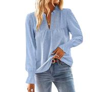 TUUHAW Camicia Lunga Donna Boho Top Elegante con Scollo a V Pizzo Casual Tshirt Punto Svizzero Maniche a Balze Inverno Abbigliamento Colore Puro Bluse Camicetta Allentate Basic Top Blu XS