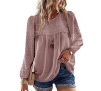 TUUHAW Camicia Lunga Donna Boho Top Elegante Girocollo Punto Svizzero Tops Casual Colore Puro Bluse con Bordi in Pizzo Maglietta Maniche Lunghe Autunno Allentate Abbigliamento Rosa S