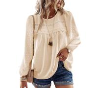 TUUHAW Camicia Lunga Donna Boho Top Elegante Girocollo Punto Svizzero Tops Casual Colore Puro Bluse con Bordi in Pizzo Maglietta Maniche Lunghe Autunno Allentate Abbigliamento Albicocca L