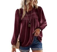 TUUHAW Camicia Lunga Donna Boho Top Elegante Girocollo Punto Svizzero Tops Casual Colore Puro Bluse con Bordi in Pizzo Maglietta Maniche Lunghe Autunno Allentate Abbigliamento Borgogna S