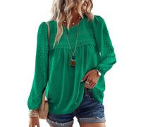 TUUHAW Camicia Lunga Donna Boho Top Elegante Girocollo Punto Svizzero Tops Casual Colore Puro Bluse con Bordi in Pizzo Maglietta Maniche Lunghe Autunno Allentate Abbigliamento Verde Smeraldo S