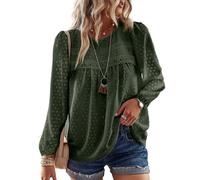 TUUHAW Camicia Lunga Donna Boho Top Elegante Girocollo Punto Svizzero Tops Casual Colore Puro Bluse con Bordi in Pizzo Maglietta Maniche Lunghe Autunno Allentate Abbigliamento Verde L