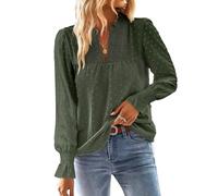 TUUHAW Maglia Donna Autunno Camicia Lunga con Scollo a V Boho Pizzo Casual Top Elegante Maniche a Balze Inverno Camicie Colore Puro Allentate Basic Bluse Verde Militare M