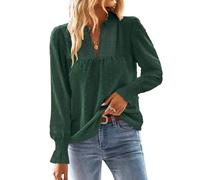 TUUHAW Maglia Donna Autunno Camicia Lunga con Scollo a V Boho Pizzo Casual Top Elegante Maniche a Balze Inverno Camicie Colore Puro Allentate Basic Bluse Verde Bottiglia M