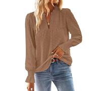 TUUHAW Maglia Donna Autunno Camicia Lunga con Scollo a V Boho Pizzo Casual Top Elegante Maniche a Balze Inverno Camicie Colore Puro Allentate Basic Bluse Mocha M