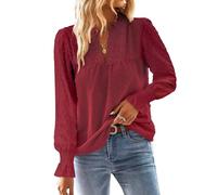 TUUHAW Maglia Donna Autunno Camicia Lunga con Scollo a V Boho Pizzo Casual Top Elegante Maniche a Balze Inverno Camicie Colore Puro Allentate Basic Bluse Vino Rosso M