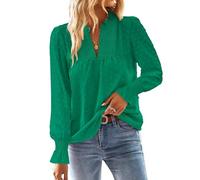 TUUHAW Maglia Donna Autunno Camicia Lunga con Scollo a V Boho Pizzo Casual Top Elegante Maniche a Balze Inverno Camicie Colore Puro Allentate Basic Bluse Verde Smeraldo M