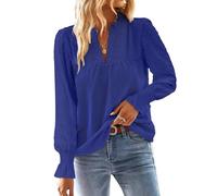 TUUHAW Maglia Donna Autunno Camicia Lunga con Scollo a V Boho Pizzo Casual Top Elegante Maniche a Balze Inverno Camicie Colore Puro Allentate Basic Bluse Blu Reale M