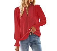 TUUHAW Maglia Donna Autunno Camicia Lunga con Scollo a V Boho Pizzo Casual Top Elegante Maniche a Balze Inverno Camicie Colore Puro Allentate Basic Bluse Rosso M