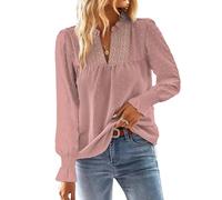TUUHAW Maglia Donna Autunno Camicia Lunga con Scollo a V Boho Pizzo Casual Top Elegante Maniche a Balze Inverno Camicie Colore Puro Allentate Basic Bluse Rosa M