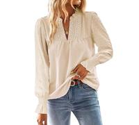 TUUHAW Maglia Donna Autunno Camicia Lunga con Scollo a V Boho Pizzo Casual Top Elegante Maniche a Balze Inverno Camicie Colore Puro Allentate Basic Bluse Albicocca M