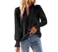 TUUHAW Maglia Donna Autunno Camicia Lunga con Scollo a V Boho Pizzo Casual Top Elegante Maniche a Balze Inverno Camicie Colore Puro Allentate Basic Bluse Nero M