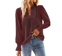 TUUHAW Maglia Donna Autunno Camicia Lunga con Scollo a V Boho Pizzo Casual Top Elegante Maniche a Balze Inverno Camicie Colore Puro Allentate Basic Bluse Rosso Granato M
