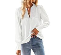 TUUHAW Maglia Donna Autunno Camicia Lunga con Scollo a V Boho Pizzo Casual Top Elegante Maniche a Balze Inverno Camicie Colore Puro Allentate Basic Bluse Bianco M