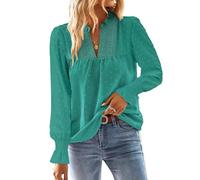 TUUHAW Maglia Donna Autunno Camicia Lunga con Scollo a V Boho Pizzo Casual Top Elegante Maniche a Balze Inverno Camicie Colore Puro Allentate Basic Bluse Turchese M