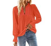 TUUHAW Maglia Donna Autunno Camicia Lunga con Scollo a V Boho Pizzo Casual Top Elegante Maniche a Balze Inverno Camicie Colore Puro Allentate Basic Bluse Arancione Acceso M