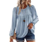 TUUHAW Maglia Donna Autunno Camicia Maniche Lunghe Taglie Forti Boho Tops Eleganti T-Shirts con Bordi in Pizzo Abbigliamento Punto Svizzero Inverno Girocollo Casual Bluse Blu 2XL
