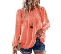 TUUHAW Maglia Donna Autunno Camicia Maniche Lunghe Taglie Forti Boho Tops Eleganti T-Shirts con Bordi in Pizzo Abbigliamento Punto Svizzero Inverno Girocollo Casual Bluse Arancione Acceso 2XL