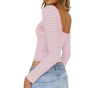 TUUHAW Maglia Donna Manica Lunga Scollo a Barca Maglietta A Righe Elasticizzata Coste Elegante T Shirt Top con Schiena Scoperta Slim Fit Tops Basic Sexy Casual Discoteca Festa Tshirt Rosa e Bianco XS