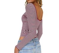 TUUHAW Maglia Donna Manica Lunga Scollo a Barca Maglietta A Righe Elasticizzata Coste Elegante T-Shirt Y2k Crop Top con Schiena Scoperta Slim Fit Tops Basic Sexy Club Casual Tshirt Rosso e Bianco XS