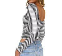 TUUHAW Maglia Donna Manica Lunga Scollo a Barchetta Maglietta A Righe Elasticizzata Coste Elegante T Shirt Top con Schiena Scoperta Slim Fit Tops Basic Sexy Casual Festa Party Tshirt Grigio e Bianco S