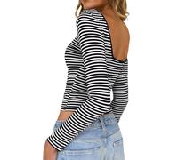 TUUHAW Maglia Taglie Forti Donna Manica Lunga Scollo a Barca Maglietta A Righe Elasticizzata Coste Elegante T Shirt Top con Schiena Scoperta Slim Fit Tops Basic Sexy Casual Tshirt Nero e Bianco XXL