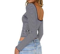 TUUHAW Maglie Donna Maniche Lunghe Scollo a Barchetta Maglietta A Righe Elasticizzata Coste Elegante T Shirt Top con Schiena Scoperta Slim Fit Tops Basic Sexy Casual Party Tshirt Blu Scuro e Bianco XL