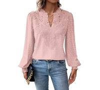 TUUHAW Taglie Forti Donna Maglietta Boho Top Autunno Manica Lunga Casual Tunica da Donna Camicetta Volant Elegante T-Shirt Scollo a V Allentate Bluse Vintage Maglie Pizzo Moda Blusa Rosa Pallido XXL