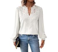 TUUHAW Taglie Forti Donna Maglietta Boho Top Autunno Manica Lunga Casual Tunica da Donna Camicetta Volant Elegante T-Shirt Scollo a V Allentate Bluse Vintage Maglie Pizzo Moda Blusa Bianco XXL