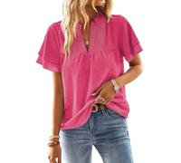TUUHAW Taglie Forti Donna Maglietta Boho Top Estivo Manica Corta Casual Tunica da Donna Camicetta Volant Elegante T-Shirt Scollo a V Allentate Bluse Vintage Moda Maglie Pizzo Blusa Fucsia 4XL