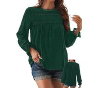 TUUHAW Taglie Forti Donna Maglietta Boho Top Inverno Manica Lunga Casual Tunica da Donna Camicetta Volant Elegante T-Shirt Scollo Rotondo Allentate Bluse Moda Vintage Maglie Pizzo Blusa Verde_A XXL