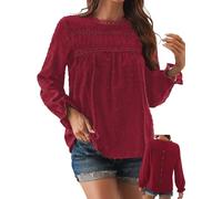 TUUHAW Taglie Forti Donna Maglietta Boho Top Primavera Manica Lunga Casual Tunica da Donna Camicetta Volant Elegante T-Shirt Scollo Rotondo Allentate Bluse Moda Vintage Maglie Pizzo Blusa Rosso XXL