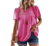 TUUHAW Tunica da Donna Boho Top Estivo Manica Corta Camicetta Pizzo Casual T-Shirt Girocollo Allentate Maglietta Elegante Bluse Fucsia L