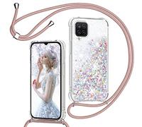 TUUT Cover per Samsung Galaxy A12 (5G) con Cordino, Glitter Bling Liquido Custodia Sparkly TPU Silicone Protettivo Morbido Brillantini Quicksand Cellulare Cover con Cordoncino Case -Oro Rosa