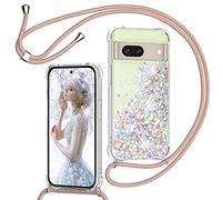 TUUTPU Cover Glitter per Google Pixel 7 con Cordino, Custodia Brillantini Liquido con Collana Ultra Sottile Morbido Silicone Trasparente Antiurto Protettivo Case per Cellulare Cordoncino, Oro Rosa