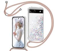 TUUTPU Cover per Google Pixel 6A con Cordino, Custodia Brillantini Liquido con Collana Trasparente Ultra Sottile Silicone Antiurto Protettivo Sabbie Mobili Case per Cellulare Cordoncino, Oro Rosa