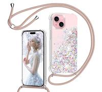 TUUTPU Cover per iPhone 13 6,1'' con Cordino, Custodia Brillantini Liquido con Collana Trasparente Ultra Sottile Silicone Antiurto Protettivo Sabbie Mobili Case per Cellulare Cordoncino, Oro Rosa