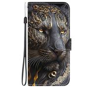 TUUTPU Cover per iPhone 13, Custodia a Libro Portafoglio in Pelle PU Slot Carte Flip Protettiva [Chiusura Magnetica] Supporto Stand Antiurto con Disegni Motivo Case, Leone Nero d'Oro