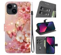 TUUTPU Cover per iPhone 13, Custodia a Libro Portafoglio in Pelle PU Slot Carte Flip Protettiva [Chiusura Magnetica] Supporto Stand Antiurto con Disegni Motivo Case, FioreFarfallumina