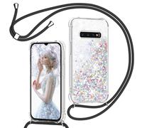 TUUTPU Cover per Samsung Galaxy S10 4G con Cordino, Custodia Brillantini Liquido con Collana Trasparente Ultra Sottile Silicone Antiurto Protettivo Sabbie Mobili Case per Cellulare Cordoncino, Nero