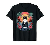 Tuxedo Cat Hawaiian Summer Tropical Beach Vacation Graphic Maglietta