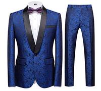 Tuxedo - Giacca da uomo slim fit, da smoking con pantaloni e giacca da ballo per matrimonio, colore: blu/oro/oro/oro/con dentellato, taglia M Bleu 2. M