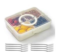 TuYines Contenitore per snack con scomparti, piatto da spuntino con 8 forchette in acciaio inox, organizer portatile, ciotola per snack con coperchio e manico, PP lavabile in lavastoviglie per snack