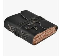 TUZECH Vintage Leather Journal with Belt & Key - Handmade Refillable Notebook, Rustic Travel Diary, Writing Sketchbook for Men & Women, Antique Style Gift Journal (Black, 8x6)