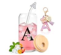 TUZELIYA Un regalo personalizzato con iniziale in vetro, bicchiere con monogramma con coperchio e cannuccia, set regalo con portachiavi con lettera, regalo di compleanno per donne e ragazze
