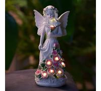 Tuzsocr Statue da giardino a forma di angelo custode, con 7 luci solari a LED, resistente al gelo, decorazione da giardino, decorazione per esterni, prato, cortile, terrazza, davanzale, 33 cm