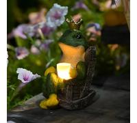 Tuzsocr Statue da giardino a forma di rana, decorazione per esterni, divertenti rane, statuette da giardino con lampade a energia solare, bere sulla sedia a dondolo, decorazione prato, cortile,
