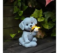 Tuzsocr Statue da giardino solare, cane con farfalla, decorazione esterna resistente alle intemperie, regalo per compleanno